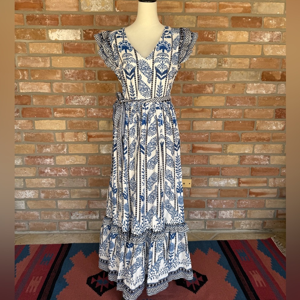 A loves A Floral Block Print Ruffle Tiered Maxi Dress Blue Multi Medium